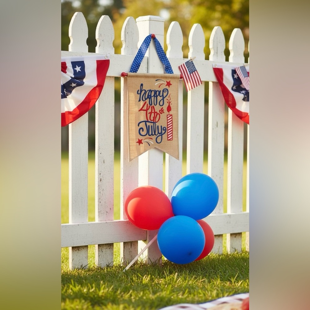 Happy 4th of July Burlap Pennant Banner Patriotic July 4th Decor Rustic USA Sign
